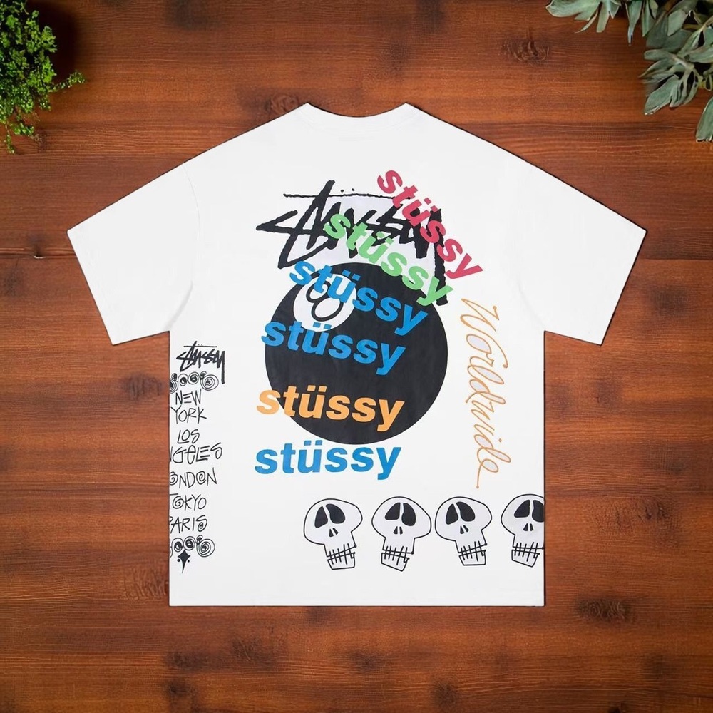 Stussy White and Black Short Sleeve Tee with Bold Graphic Design